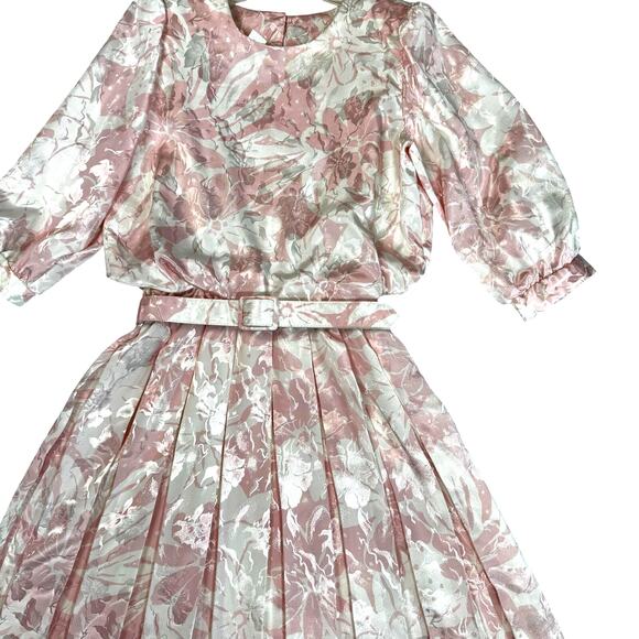 Vintage 80s Von Bramlett Pink Floral Metallic Secretary Dress Size Medium - Picture 2 of 10